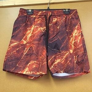 BoohooMan Size M Red Lava Mid-Length Marble Swim Shorts
